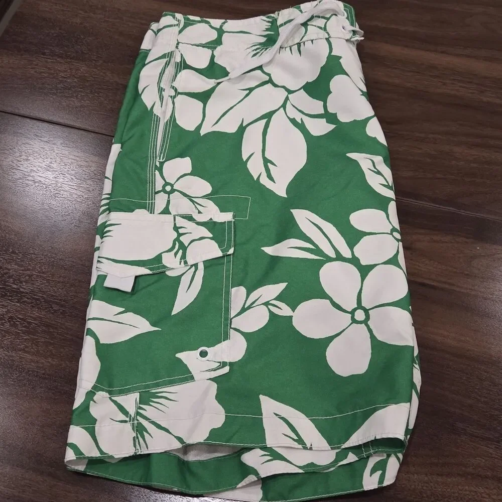 Old Navy Mens L Board Shorts Green White Floral Hawaiian Print Drawstring Swim